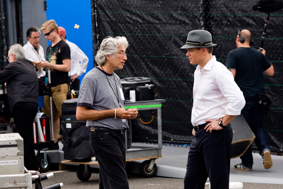 Danny Michael speaking to Matt Damon, on the set of The Adjustment Bureau (image: courtesy of Universal Pictures).