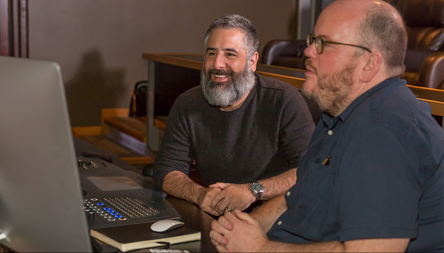 To happy co-directors, Glenn Ficarra and John Requa reviewing the final cut of 'Focus'. Lead editor Jan Kovac is likely sedated and hiding somewhere nearby (image:    Alex Tehrani).