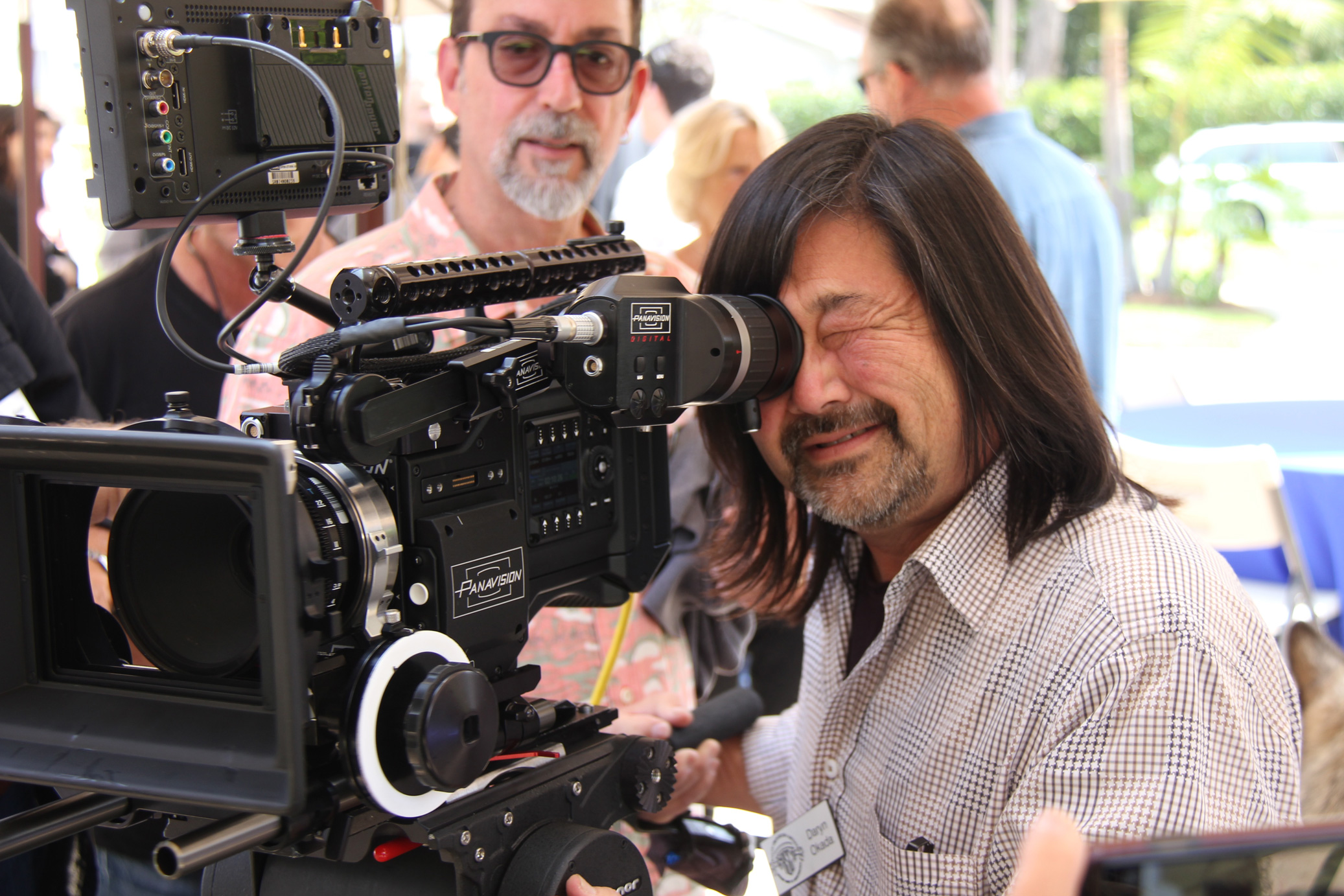 ASC members Daryn Okada (at eyepiece) and James L. Carter examine a Panavision DXL at the ASC Clubhouse (image: ©ASC 2016).